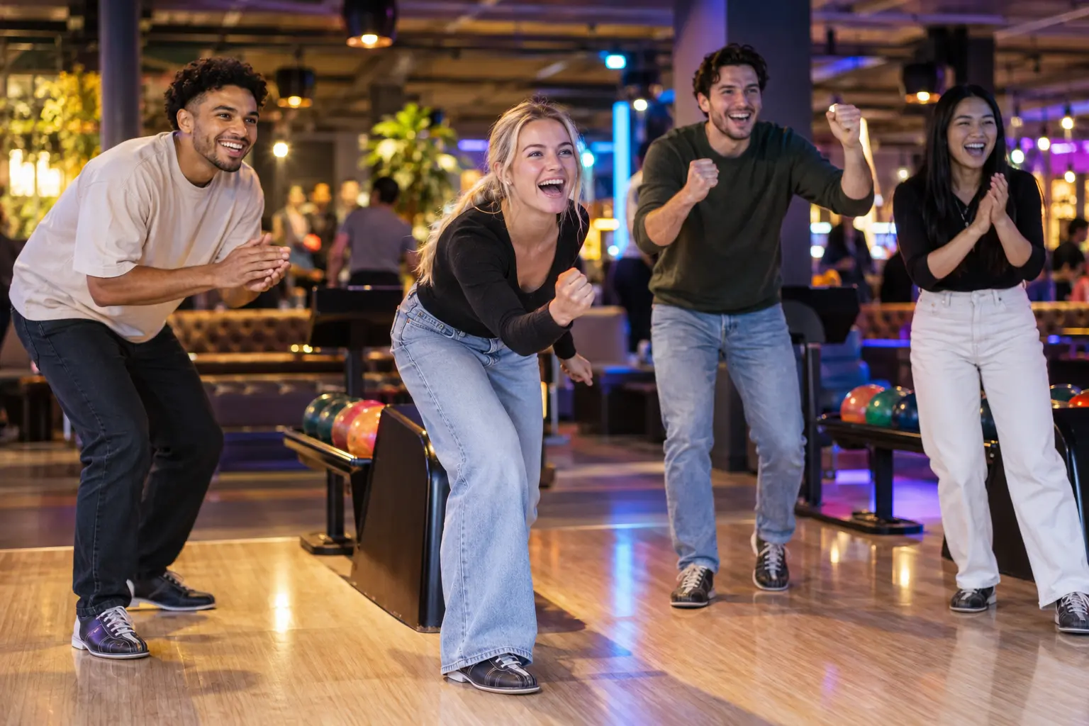 Vriendengroep tijdens een gezellige bowlingavond