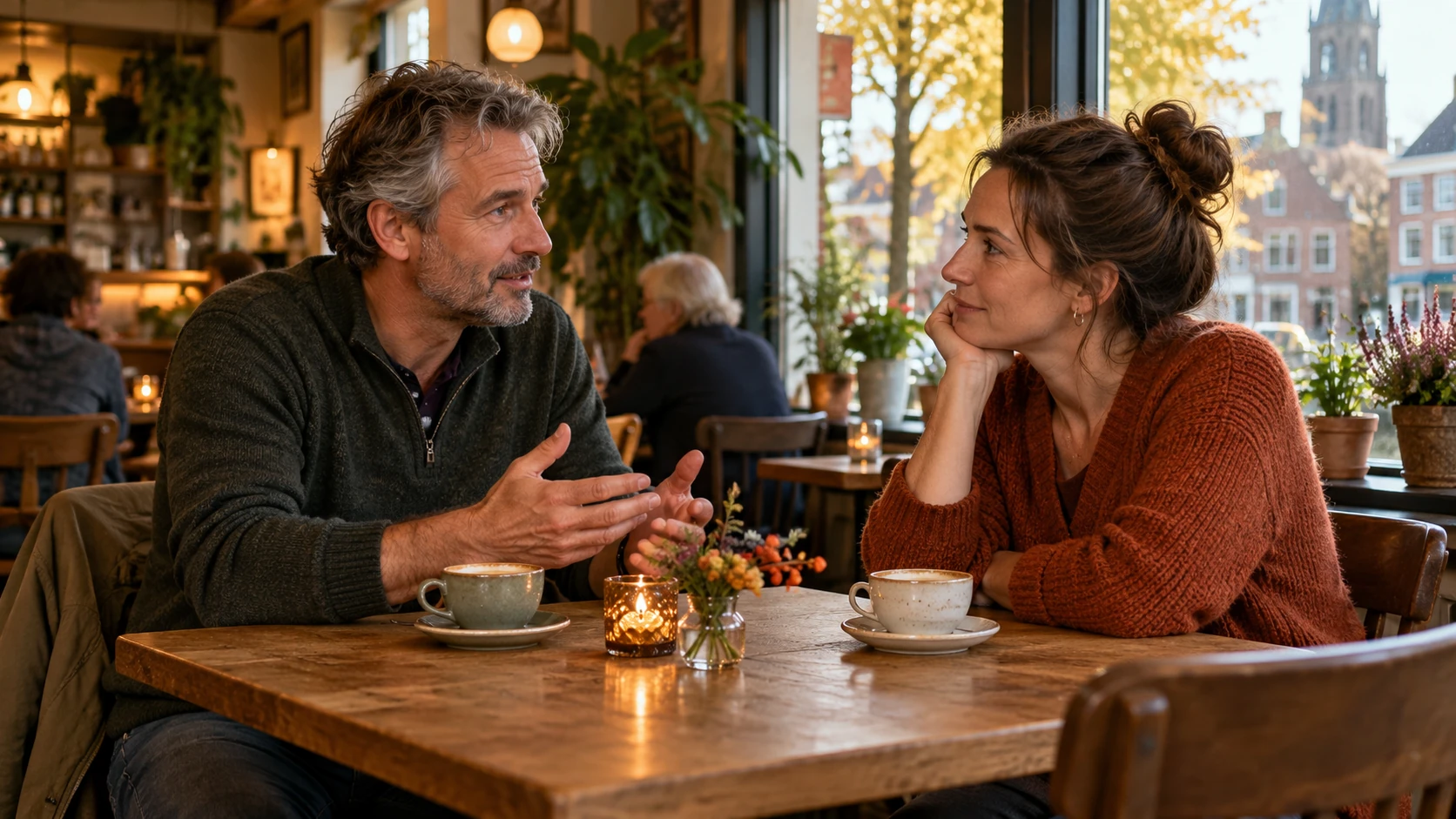 Twee volwassenen voeren een aandachtig gesprek aan een koffietafel in een warm café.