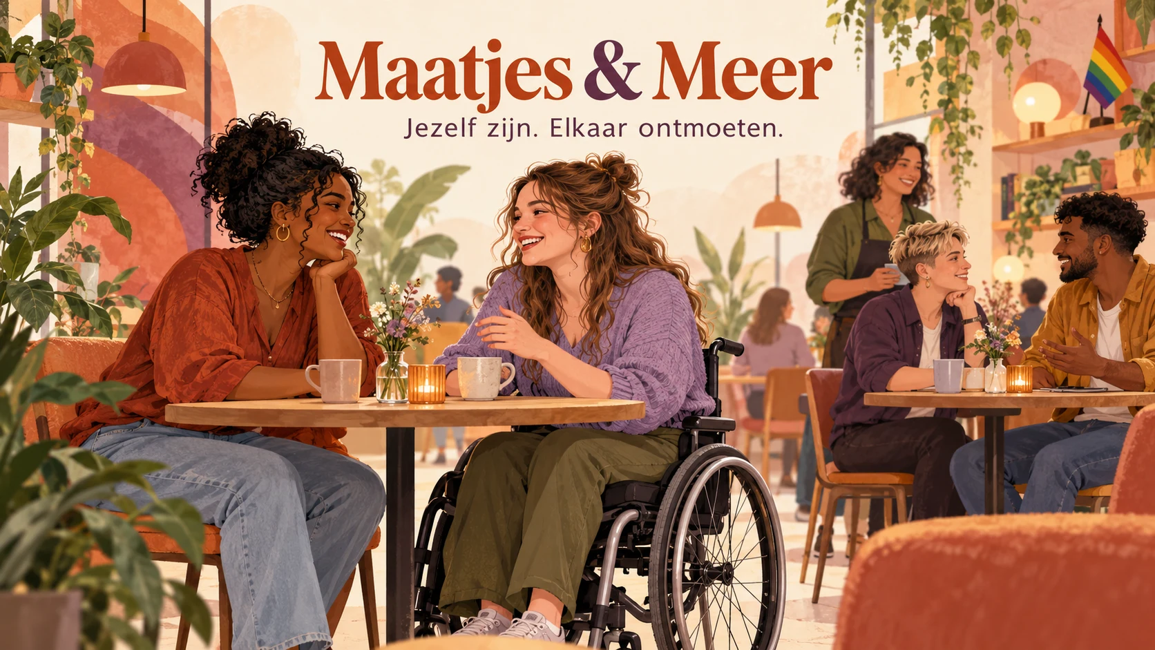 Illustratie van diverse jongvolwassenen die kennismaken in een café, onder wie een rolstoelgebruiker, met een regenboogvlag op de achtergrond.